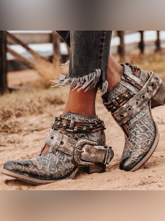 freebird Shoes - Freebird Saloon Croc Embossed Distressed Black Western Ankle Boots 9